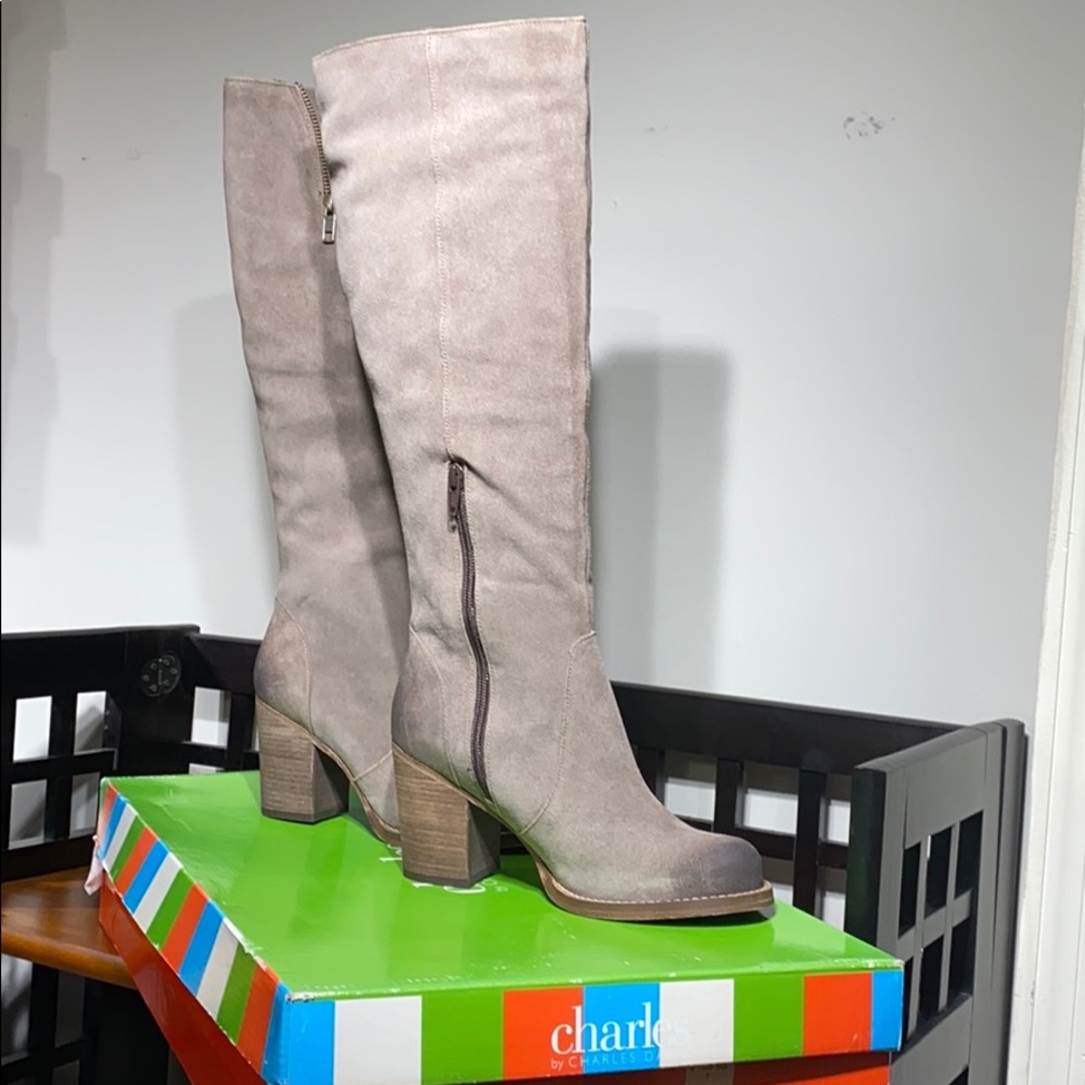 Charles David dark taupe knee high boots.